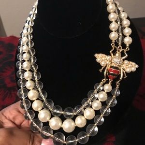 Multi strand bee necklace with pearl earrings set